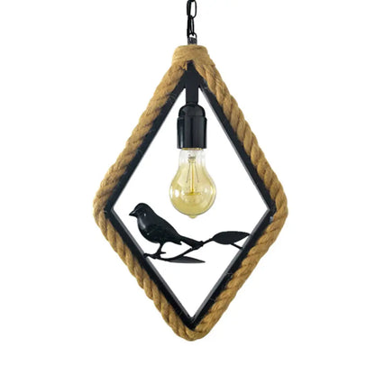 Black Rope Pendant Light Fixture for Living Room with Bird Deco: Round/Rhombus/Square Design