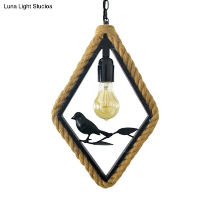 Black Rope Pendant Light Fixture for Living Room with Bird Deco: Round/Rhombus/Square Design