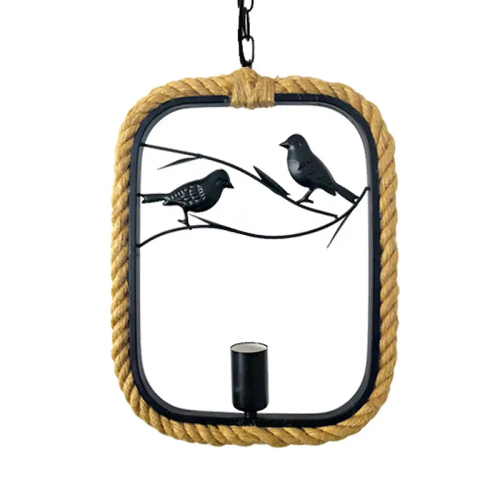 Black Rope Pendant Light Fixture for Living Room with Bird Deco: Round/Rhombus/Square Design