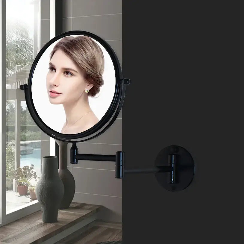 Black round magnifying wall mounted beauty mirror with 3x magnifying and adjustable arm for bedroom decorbites use