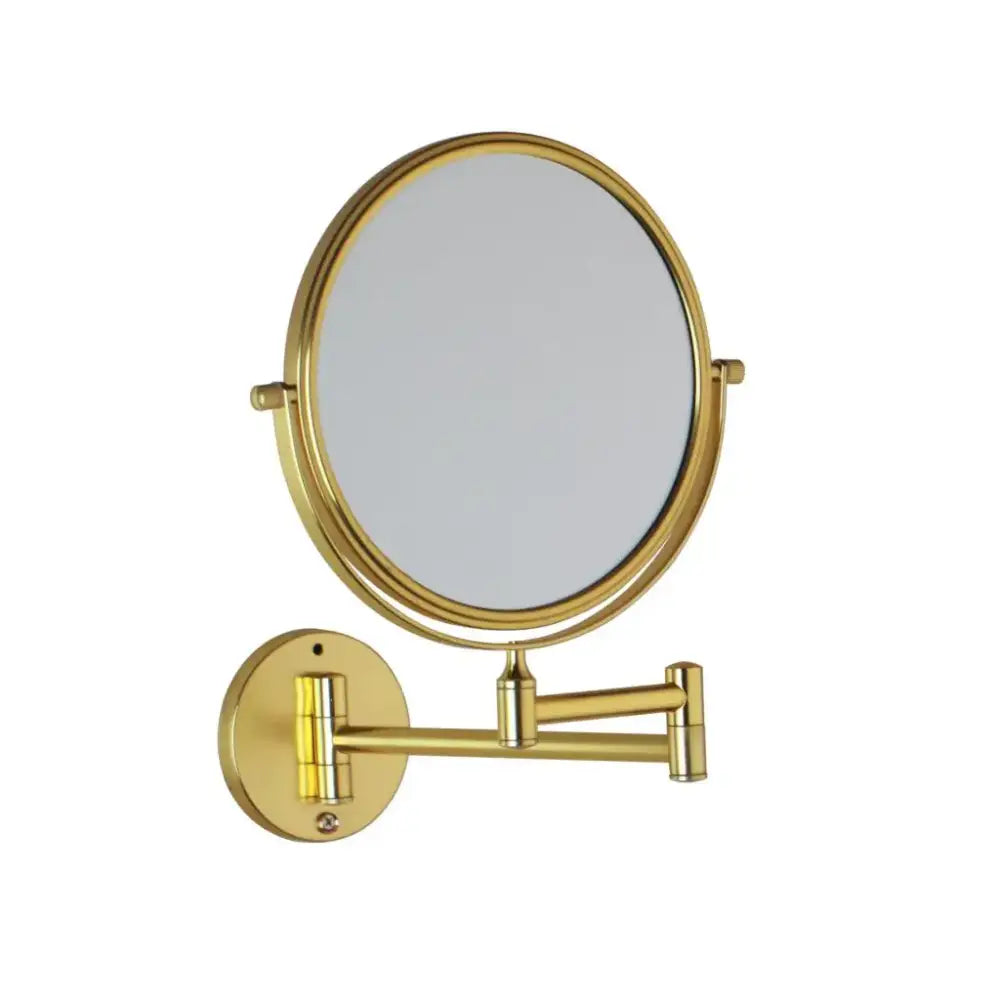 Gold-finished magnifying wall mounted mirror with circular frame and extendable arm for decorbites 3x magnifying use