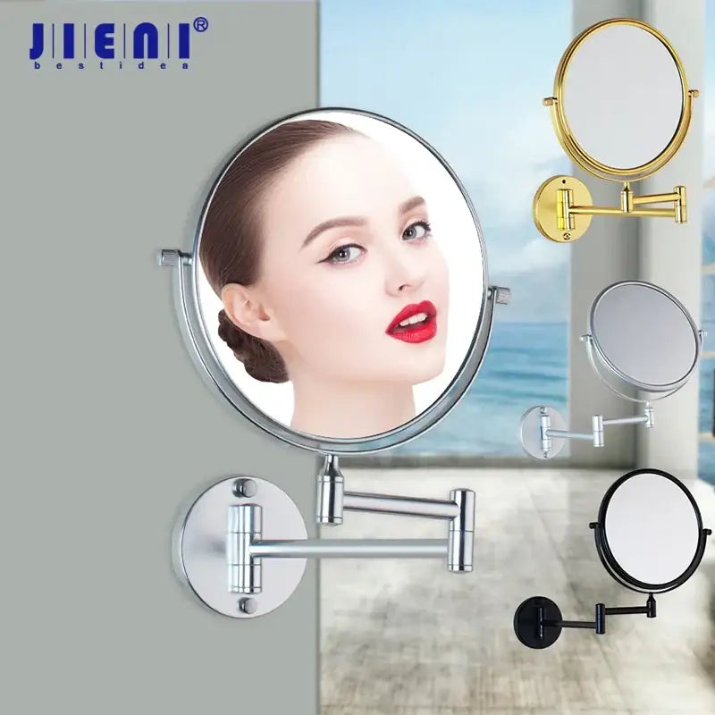 Silver-finished magnifying wall mounted beauty mirror with sleek articulated arm and circular frame by decorbites 3x magnifying