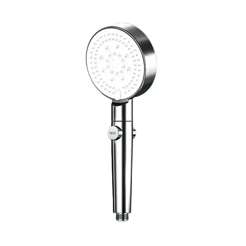Shiny chrome-finished handheld decorbites black round shower head with circular nozzles and cylindrical handle for high pressure use