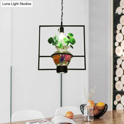 Black Round/Square Frame Hanging Lamp: Modern 1 Head Pendant Lighting Fixture for Dining Room with Urn Plant Pot