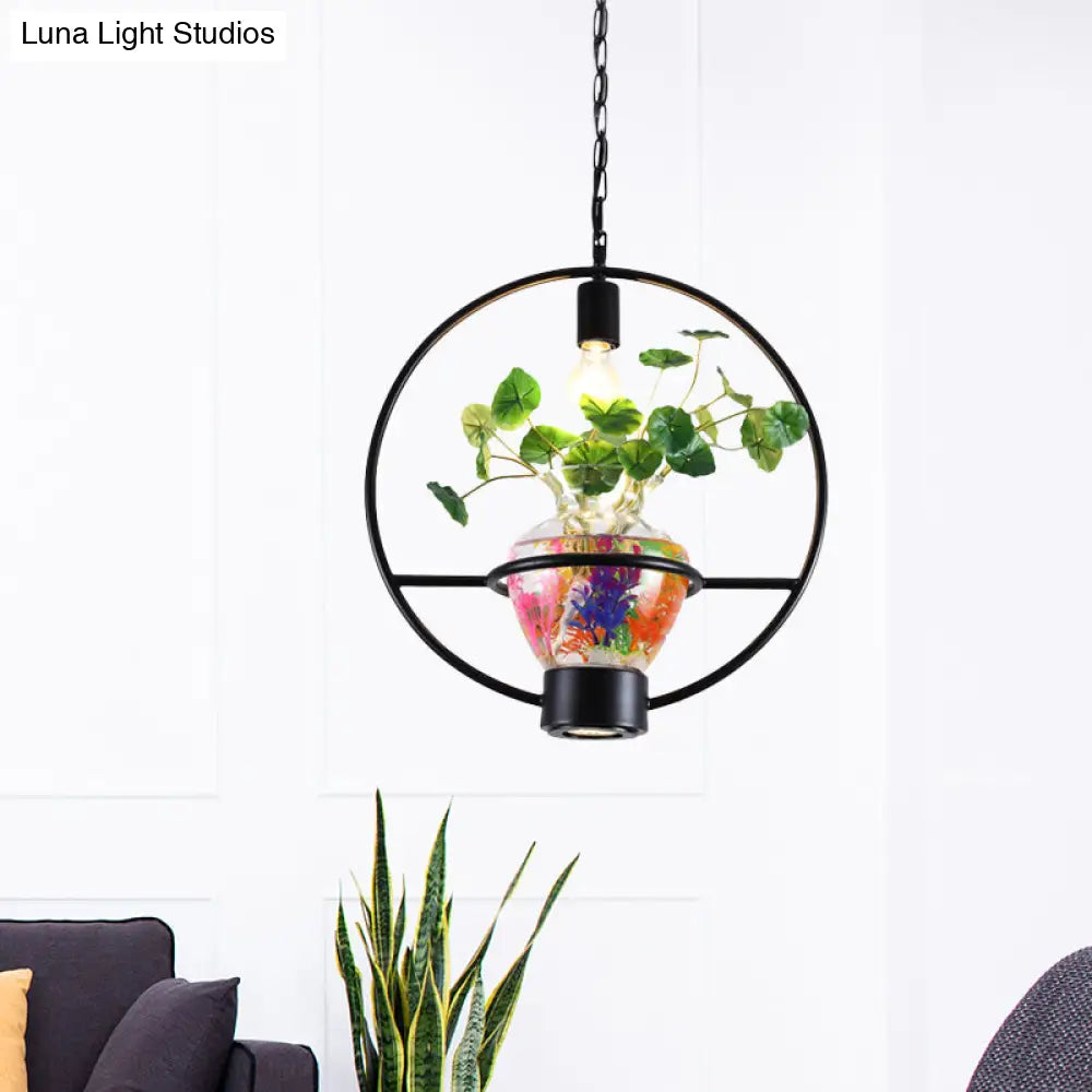 Black Round/Square Frame Hanging Lamp: Modern 1 Head Pendant Lighting Fixture for Dining Room with Urn Plant Pot