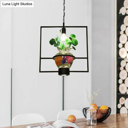 Black Round/Square Frame Hanging Lamp: Modern 1 Head Pendant Lighting Fixture for Dining Room with Urn Plant Pot