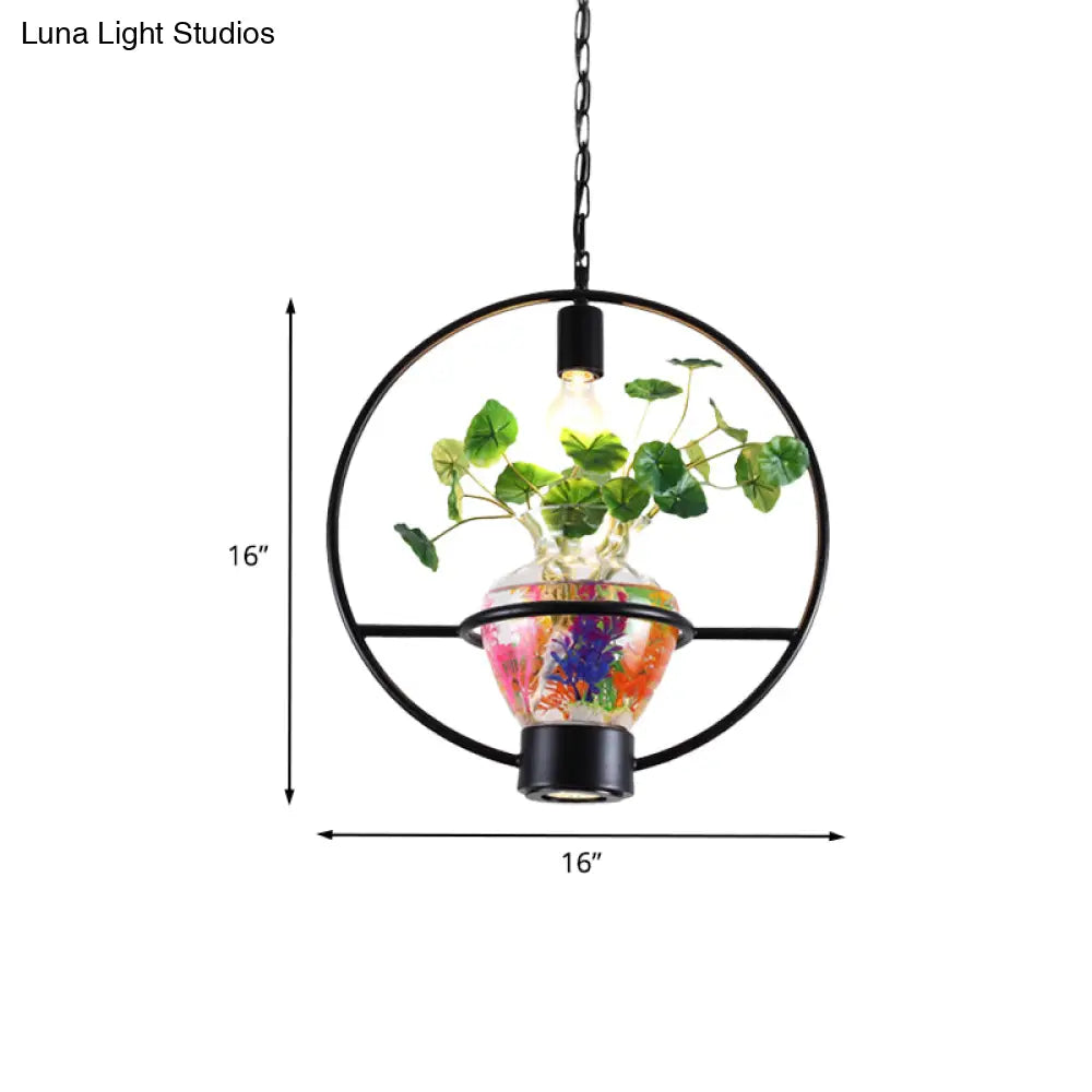 Black Round/Square Frame Hanging Lamp: Modern 1 Head Pendant Lighting Fixture for Dining Room with Urn Plant Pot