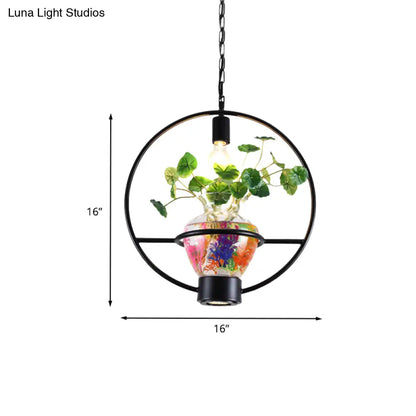 Black Round/Square Frame Hanging Lamp: Modern 1 Head Pendant Lighting Fixture for Dining Room with Urn Plant Pot