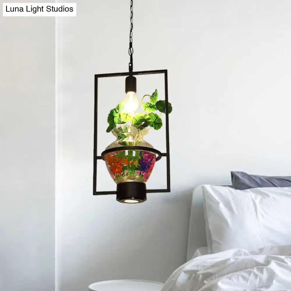 Black Round/Square Frame Hanging Lamp: Modern 1 Head Pendant Lighting Fixture for Dining Room with Urn Plant Pot