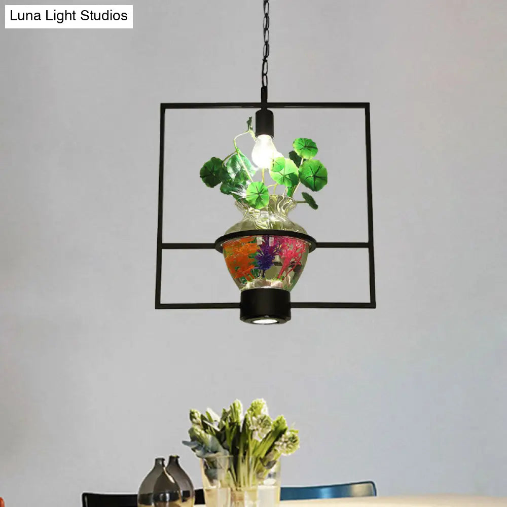 Black Round/Square Frame Hanging Lamp: Modern 1 Head Pendant Lighting Fixture for Dining Room with Urn Plant Pot