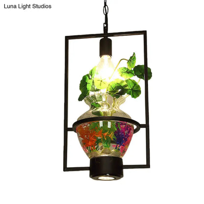 Black Round/Square Frame Hanging Lamp: Modern 1 Head Pendant Lighting Fixture for Dining Room with Urn Plant Pot