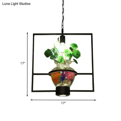 Black Round/Square Frame Hanging Lamp: Modern 1 Head Pendant Lighting Fixture for Dining Room with Urn Plant Pot