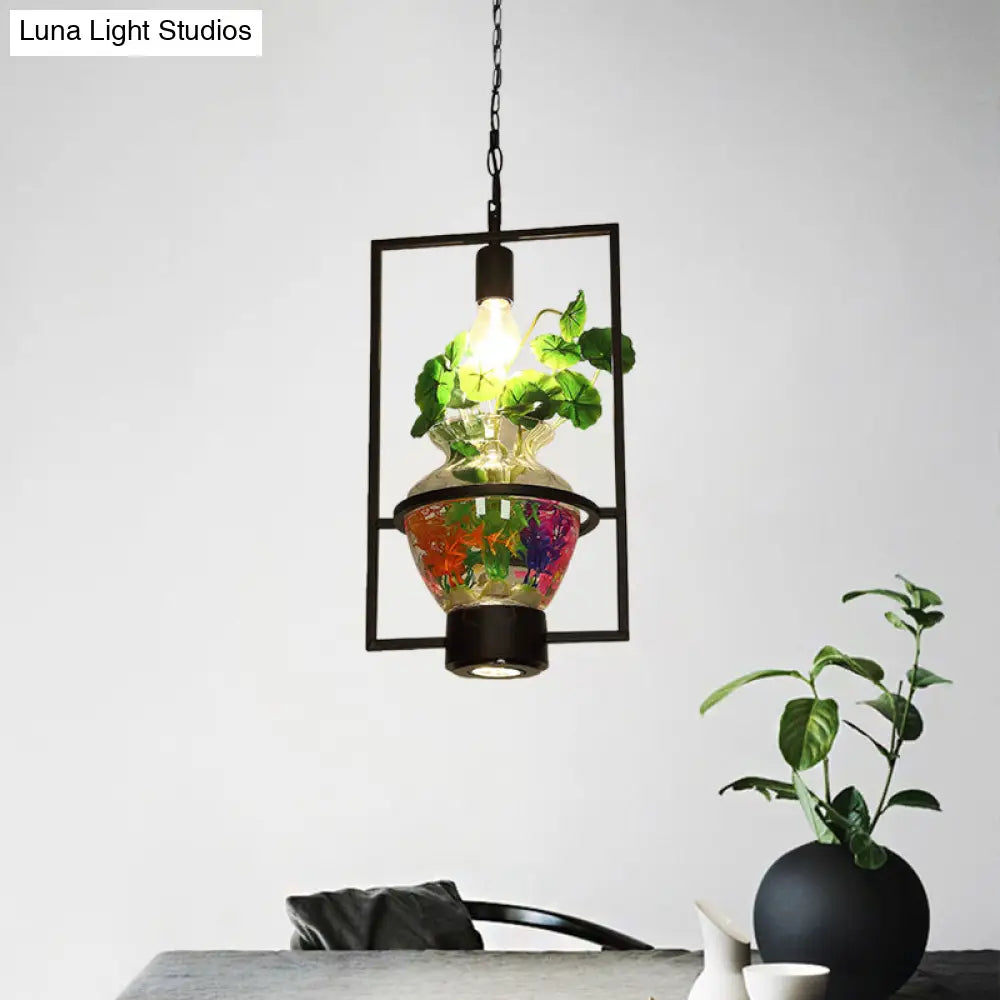 Black Round/Square Frame Hanging Lamp: Modern 1 Head Pendant Lighting Fixture for Dining Room with Urn Plant Pot