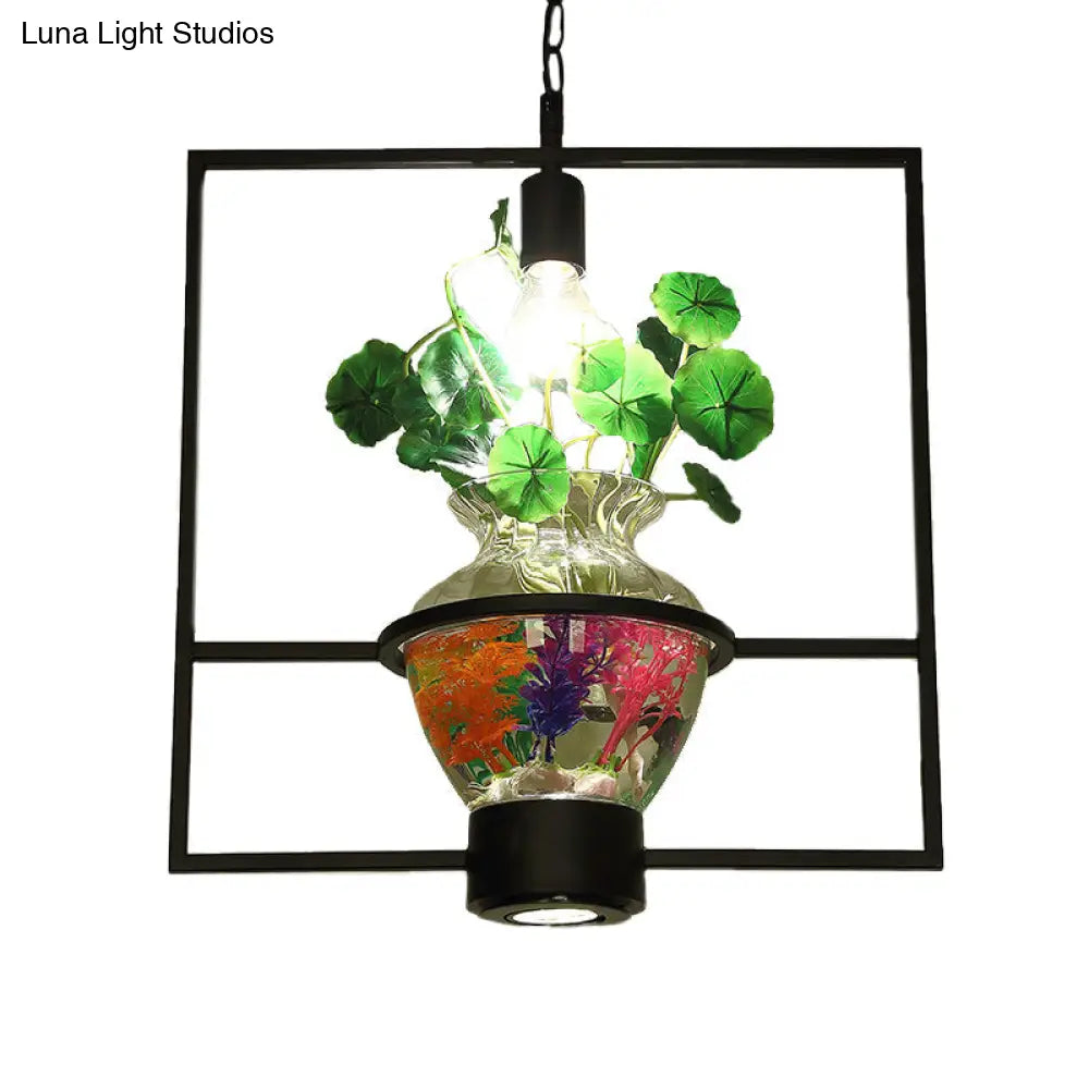 Black Round/Square Frame Hanging Lamp: Modern 1 Head Pendant Lighting Fixture for Dining Room with Urn Plant Pot