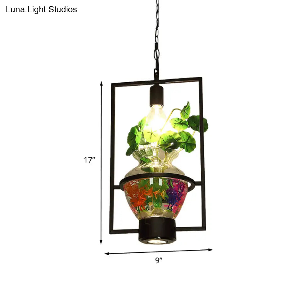 Black Round/Square Frame Hanging Lamp: Modern 1 Head Pendant Lighting Fixture for Dining Room with Urn Plant Pot