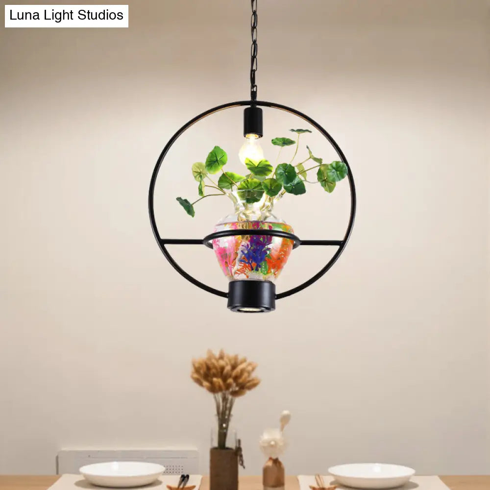 Black Round/Square Frame Hanging Lamp: Modern 1 Head Pendant Lighting Fixture for Dining Room with Urn Plant Pot