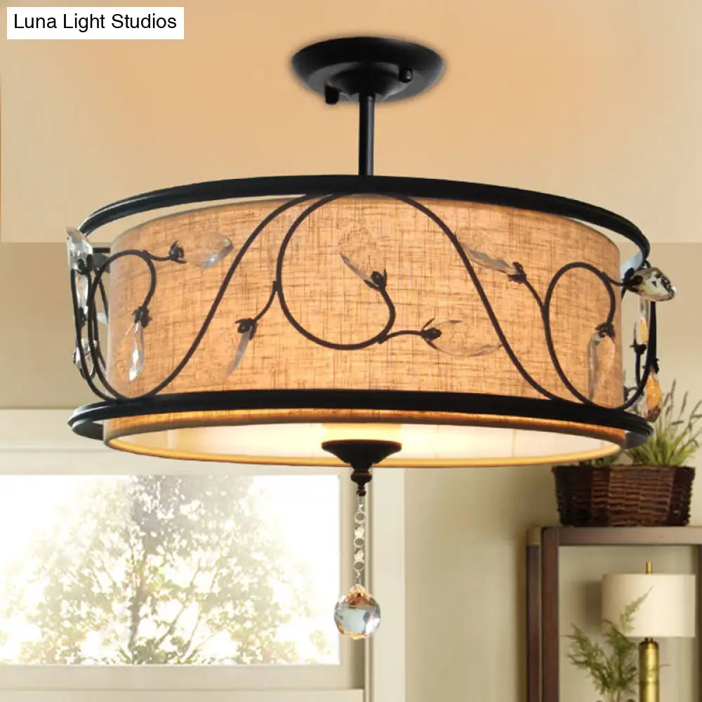 مصباح سقف DecorBites™‎ أسود ريفي شبه مدمج مع ستارة كريستالية - 4 مصابيح، قطر 14 بوصة/21.5 بوصة - غطاء من القماش