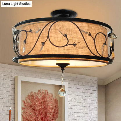 مصباح سقف DecorBites™‎ أسود ريفي شبه مدمج مع ستارة كريستالية - 4 مصابيح، قطر 14 بوصة/21.5 بوصة - غطاء من القماش
