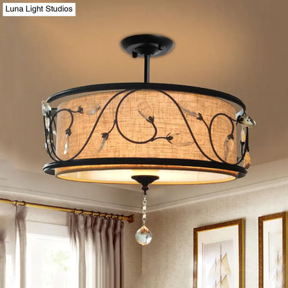 مصباح سقف DecorBites™‎ أسود ريفي شبه مدمج مع ستارة كريستالية - 4 مصابيح، قطر 14 بوصة/21.5 بوصة - غطاء من القماش