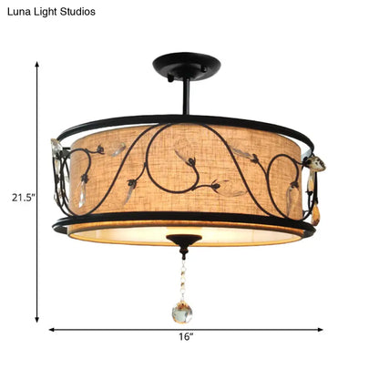 مصباح سقف DecorBites™‎ أسود ريفي شبه مدمج مع ستارة كريستالية - 4 مصابيح، قطر 14 بوصة/21.5 بوصة - غطاء من القماش