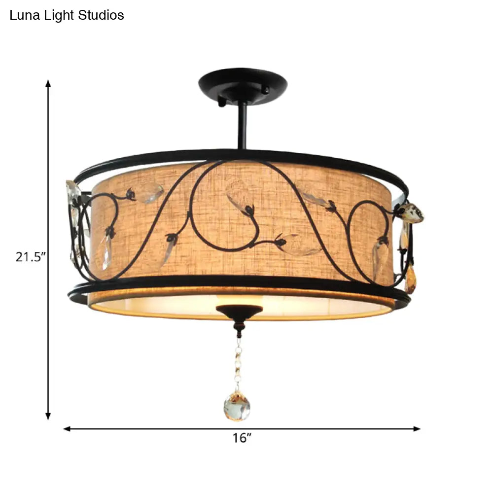 مصباح سقف DecorBites™‎ أسود ريفي شبه مدمج مع ستارة كريستالية - 4 مصابيح، قطر 14 بوصة/21.5 بوصة - غطاء من القماش