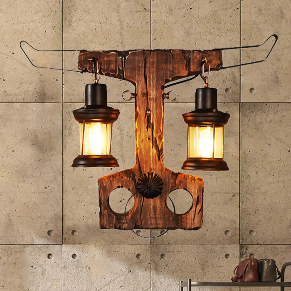 Black Rustic Lantern Sconce Light Fixture with Clear Glass - 2-Light Wall Lamp, Wooden Backplate