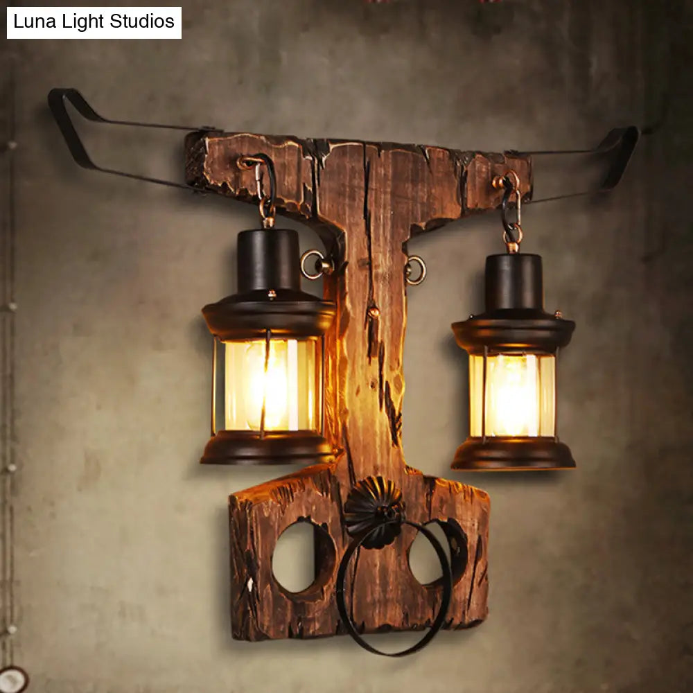 Black Rustic Lantern Sconce Light Fixture with Clear Glass - 2-Light Wall Lamp, Wooden Backplate