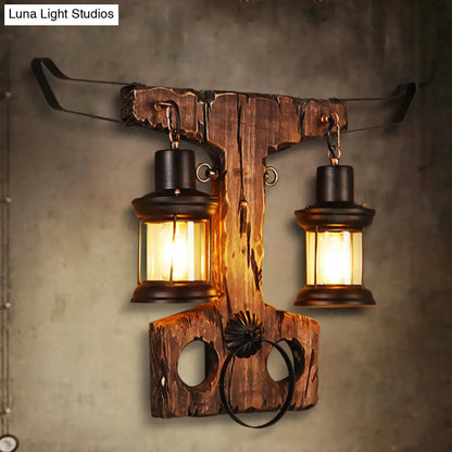Black Rustic Lantern Sconce Light Fixture with Clear Glass - 2-Light Wall Lamp, Wooden Backplate