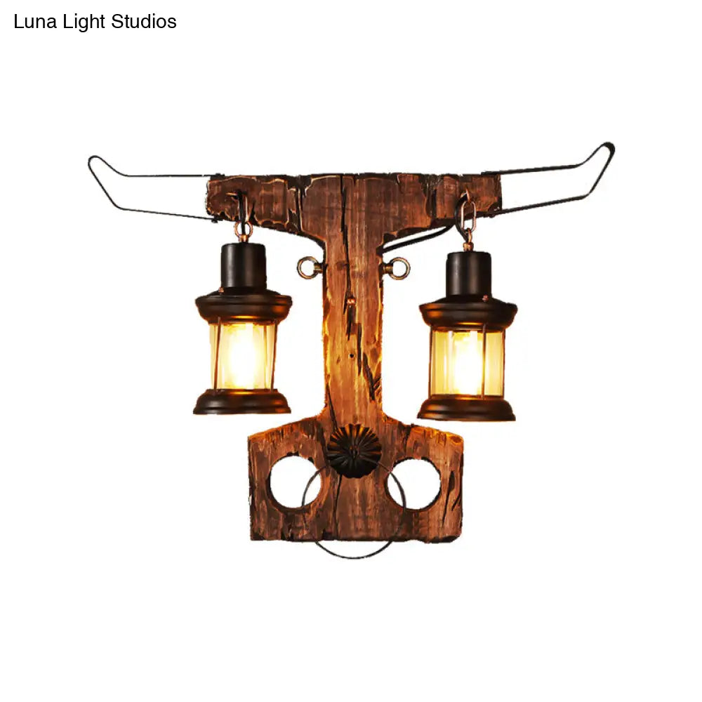 Black Rustic Lantern Sconce Light Fixture with Clear Glass - 2-Light Wall Lamp, Wooden Backplate