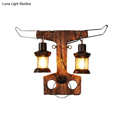Black Rustic Lantern Sconce Light Fixture with Clear Glass - 2-Light Wall Lamp, Wooden Backplate