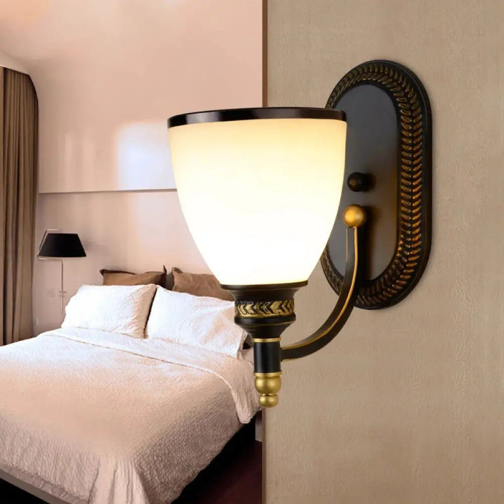 Black Rustic Wall Lamp with Bell-Shaped White Frost Glass – Ideal for Living Room Lighting