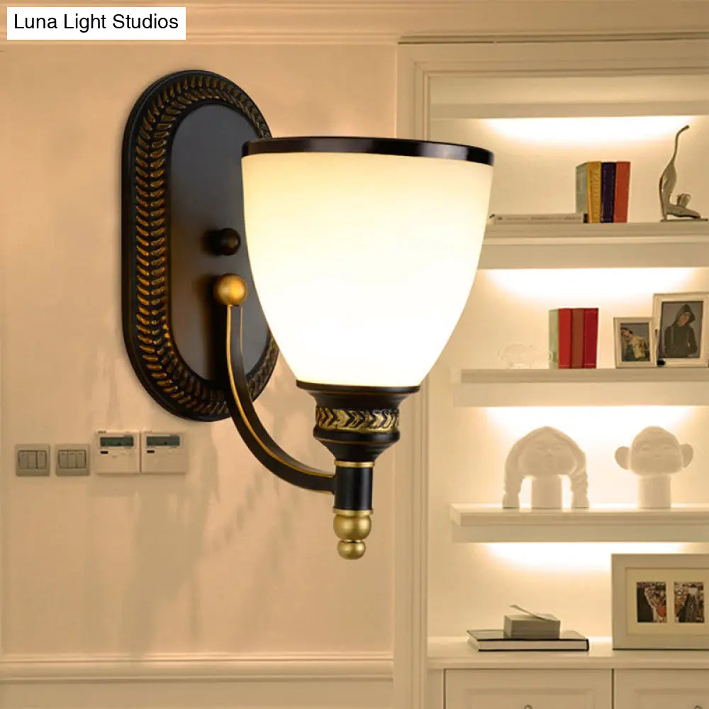 Black Rustic Wall Lamp with Bell-Shaped White Frost Glass – Ideal for Living Room Lighting
