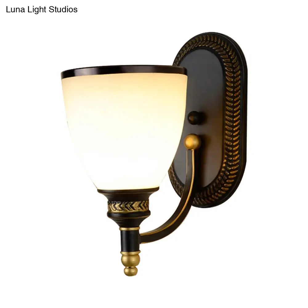 Black Rustic Wall Lamp with Bell-Shaped White Frost Glass – Ideal for Living Room Lighting