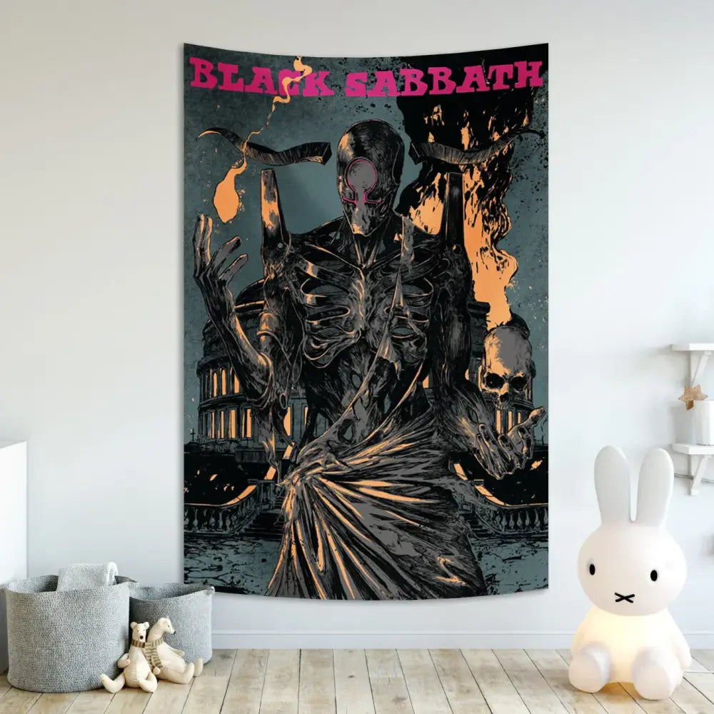 Black sabbath skull wall tapestry featuring dark skeletal figure with orange flames for bedroom decorbites black sabbath decor
