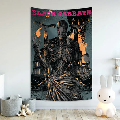 Black sabbath skull wall tapestry featuring dark skeletal figure with orange flames for bedroom decorbites black sabbath decor