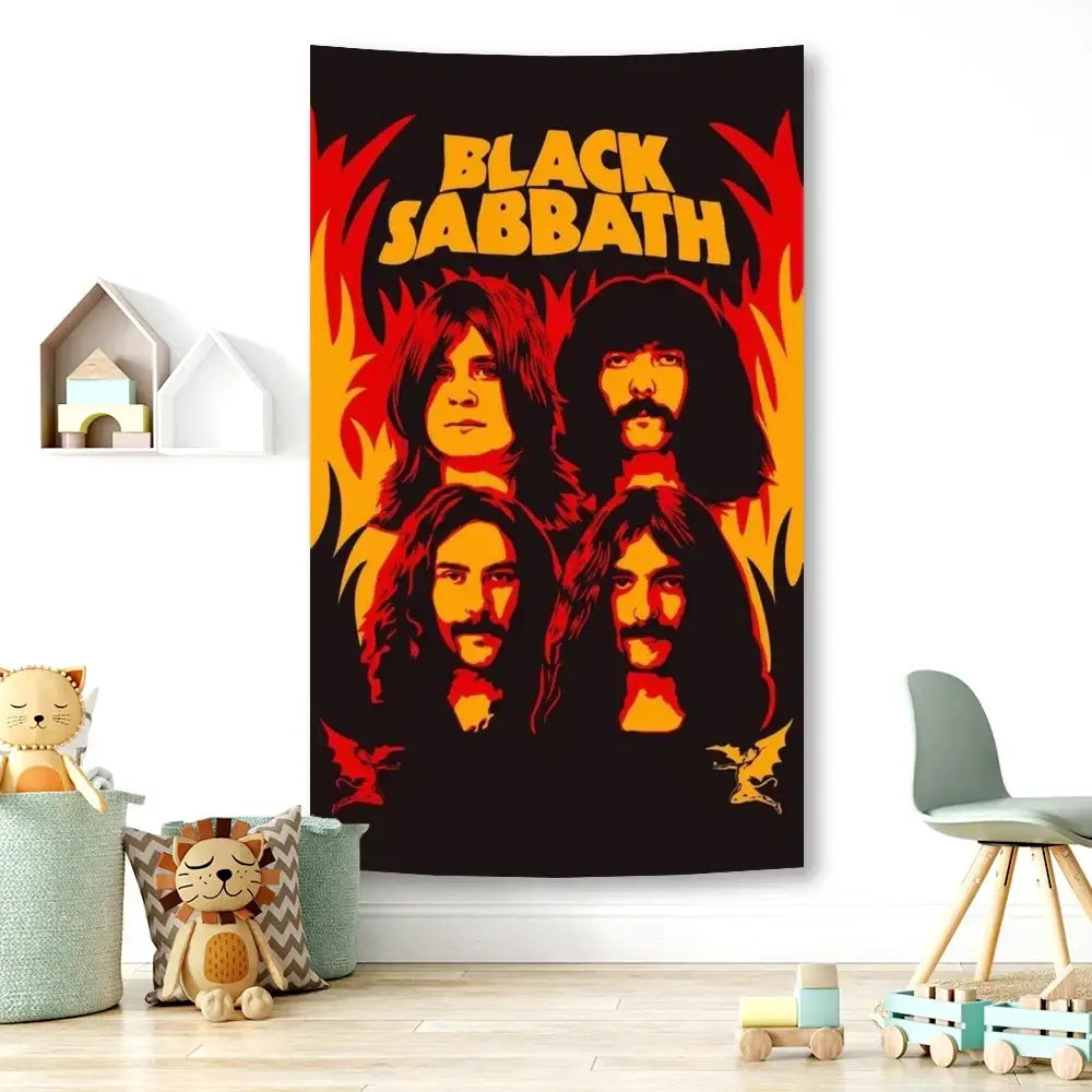 Black sabbath wall tapestry featuring fiery orange and red flames behind band members on black background for decorbites decor