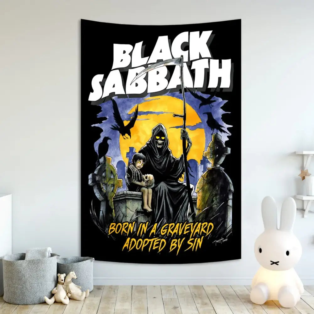 Black sabbath skull wall tapestry decorbites featuring bold white lettering and grim reaper illustration on black background