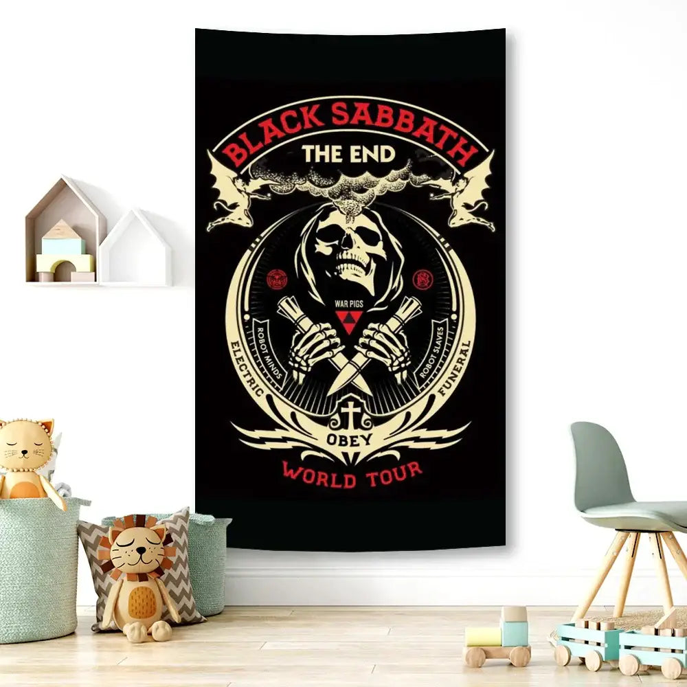 Black sabbath skull wall tapestry with skeletal figure holding crossed knives red and cream lettering on black background decorbites black sabbath