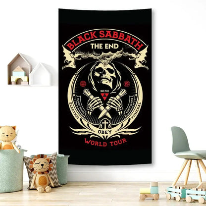 Black sabbath skull wall tapestry with skeletal figure holding crossed knives red and cream lettering on black background decorbites black sabbath