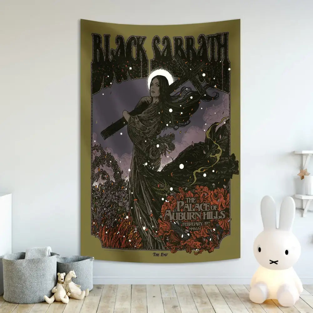Olive-green black sabbath wall tapestry featuring a dark figure with halo for decorbites black sabbath rock decor