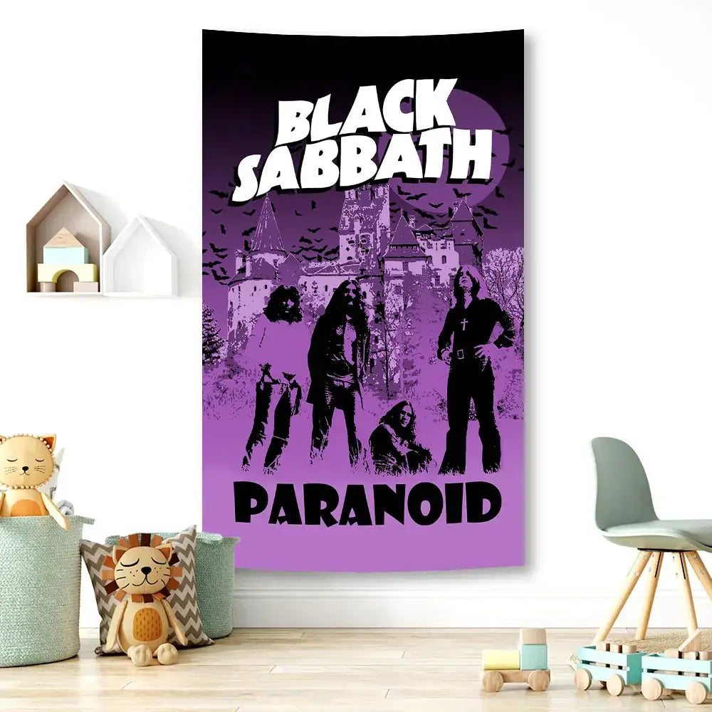 Purple black sabbath wall tapestry featuring silhouetted figures and castle for decorbites black sabbath rock decor