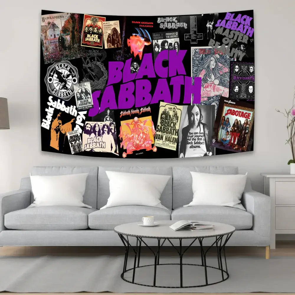 Black sabbath skull wall tapestry featuring vibrant purple orange black and white album collages for bedroom rock decor by decorbites