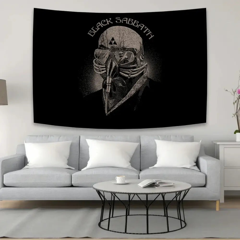 Black sabbath wall tapestry with monochromatic masked figure design in black for decorbites black sabbath bedroom decor