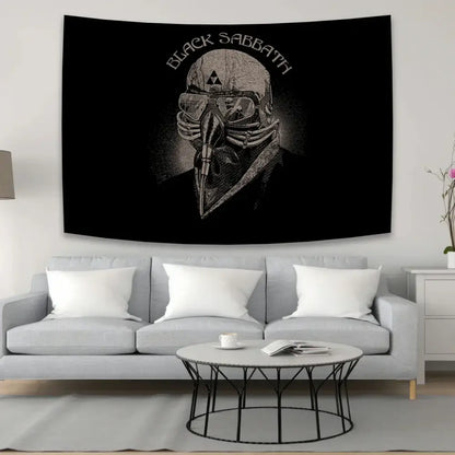 Black sabbath wall tapestry with monochromatic masked figure design in black for decorbites black sabbath bedroom decor