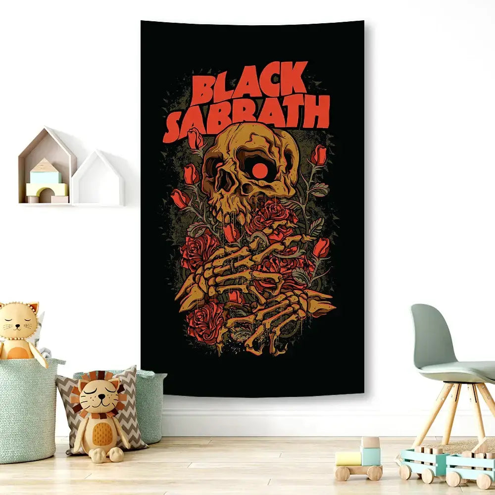 Black sabbath skull wall tapestry featuring a golden skull with red roses and orange lettering for decorbites black sabbath decor