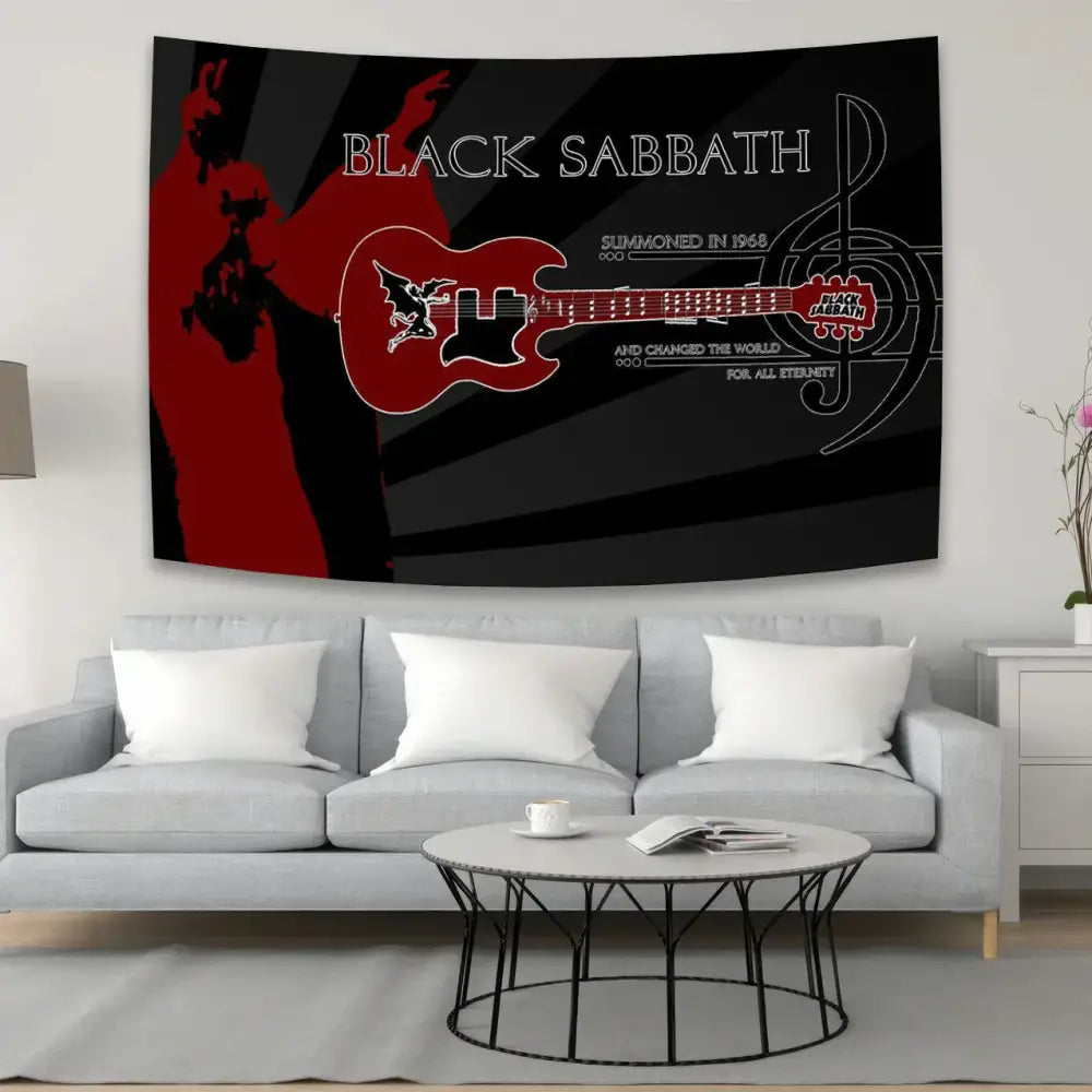 Black sabbath skull wall tapestry with red guitar design on black background featuring white text and musical motifs decorbites black sabbath