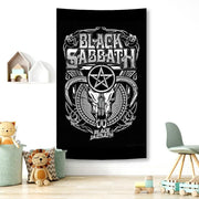 Black sabbath skull wall tapestry featuring white horned skull and pentagram on black background for rock decorbites decor