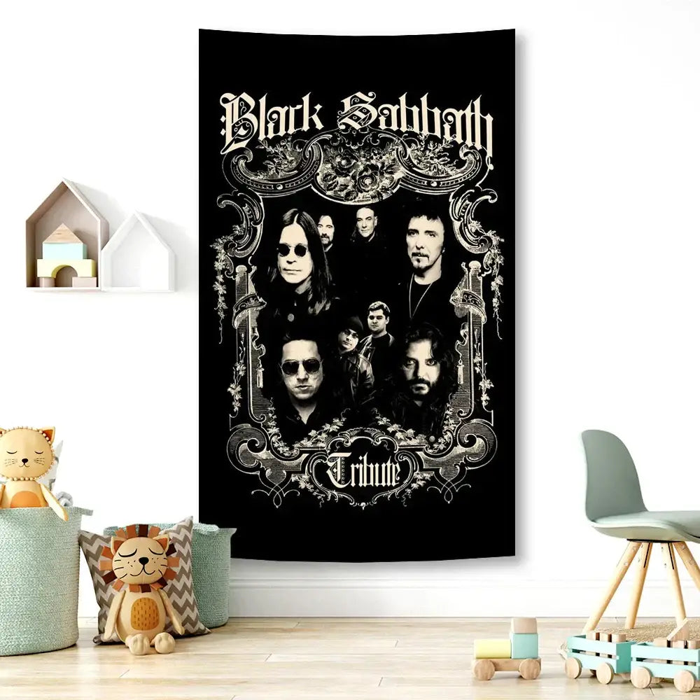 Black sabbath skull wall tapestry with ornate white lettering and framed band portraits on a black background decorbites black sabbath