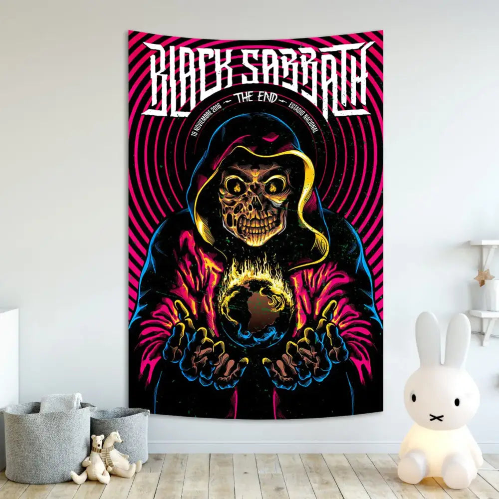 Black sabbath wall tapestry featuring vibrant neon pink and black skeletal figure holding glowing orb bedroom decorbites decor