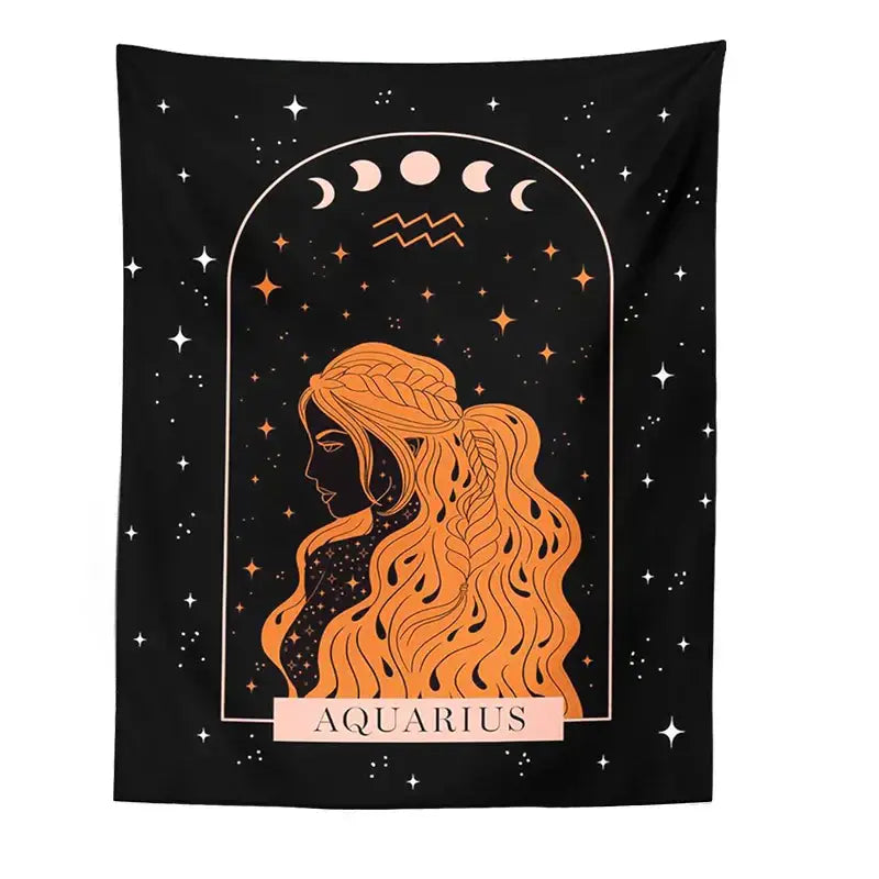 Black scorpio celestial constellation tapestry featuring orange braided woman silhouette moon phases and aquarius symbol wall art